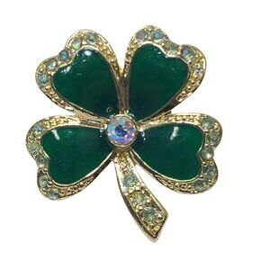 VTG Nina Ricci Green Four Leaf Clover Shamrock Lapel Hat Jacket Pin Rhinestones